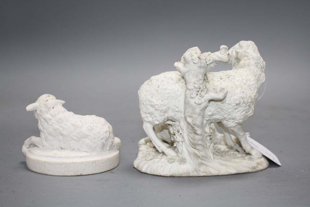 A Derby biscuit porcelain group of a ewe and lamb, late 18th century and a similar figure a recumbent ewe, c.1810-30, H. 11 and 6.5cm